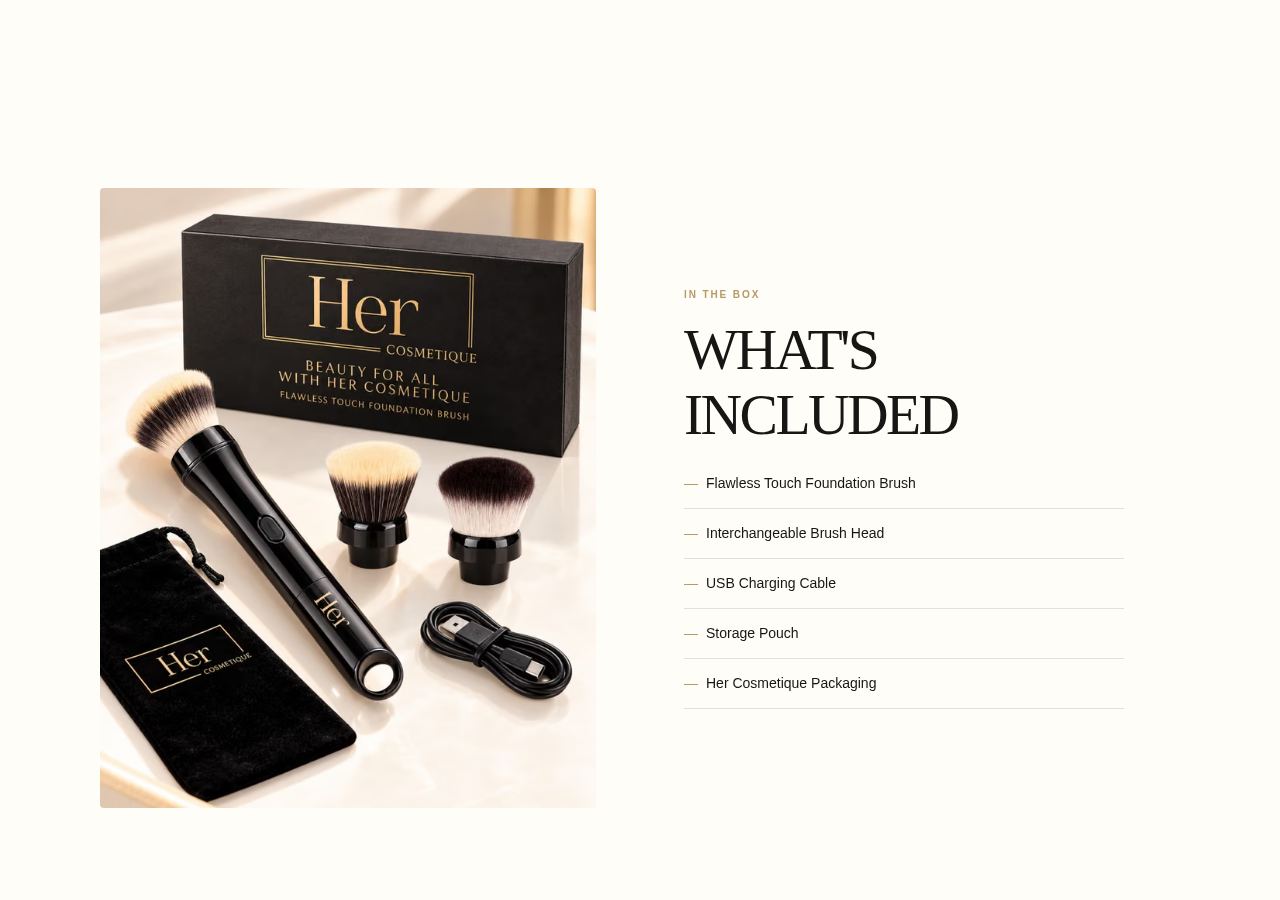 Her Cosmetique product details section listing items included with the Flawless Touch Foundation Brush