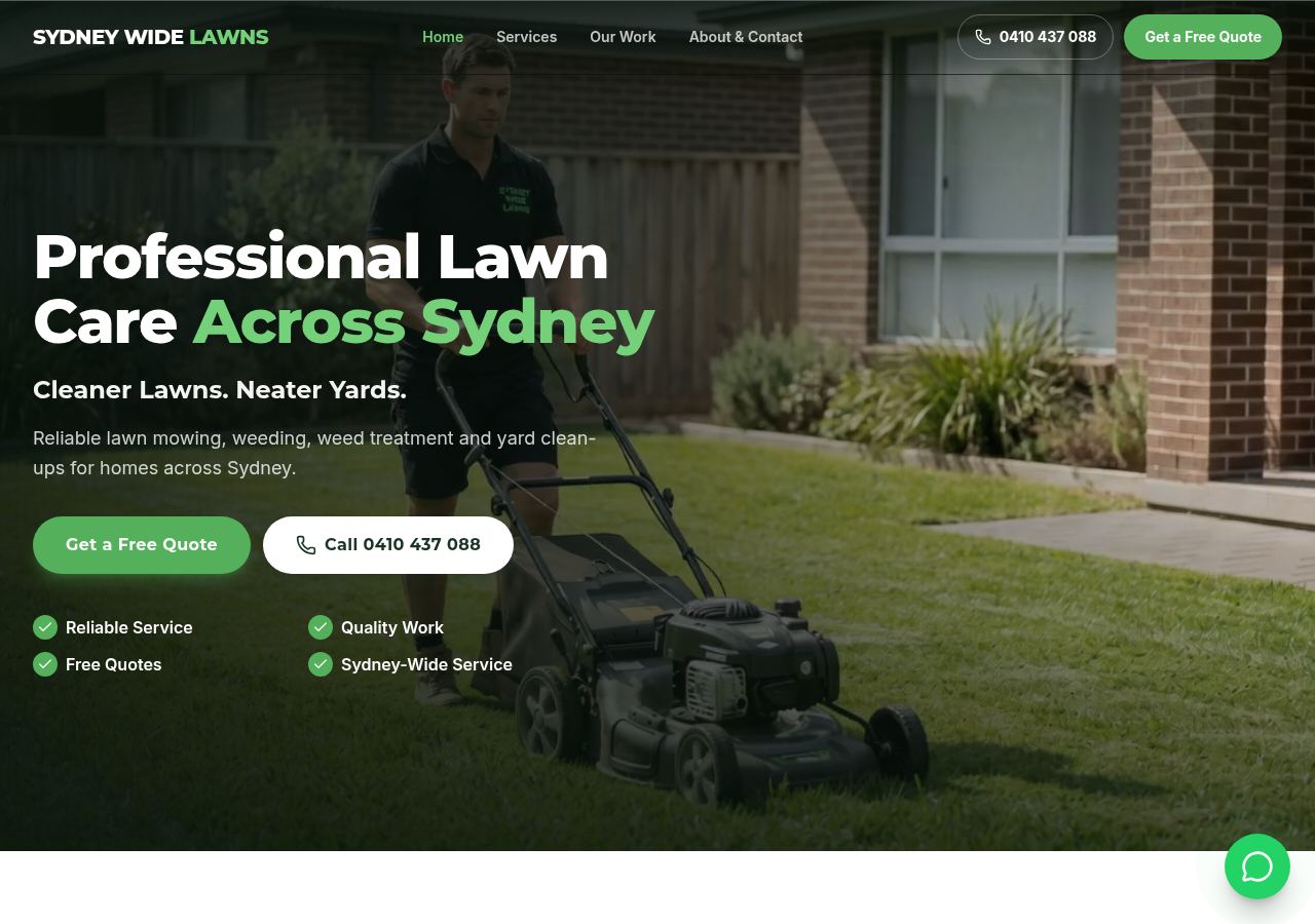 Sydney Wide Lawns website homepage showing its service-led layout